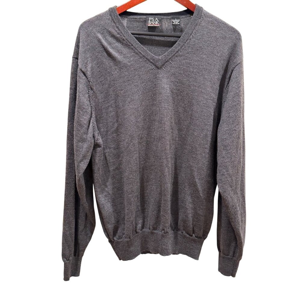 Jos A Bank Signature Collection‎ Gray 100% Merino Wool V-Neck Sweater Mens Large